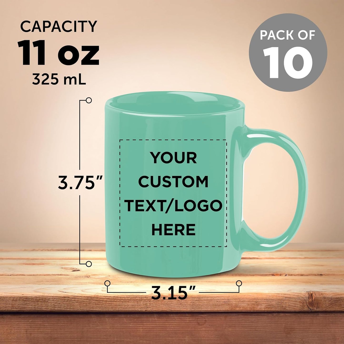Custom Ceramic Coffee Mugs 11 oz. Set of 10, Personalized Bulk Pack - Coffee cup set, Iced coffee cup, Gaming mug - Tiffany Teal