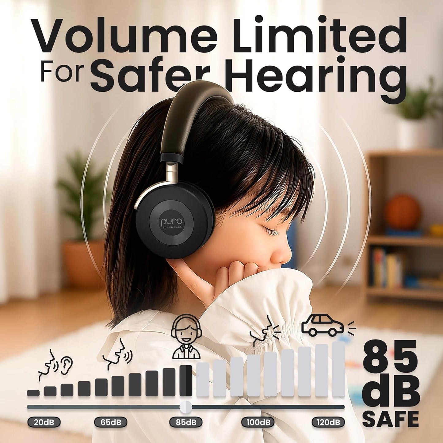 Puro Sound Labs JuniorJam Plus Volume-Limiting Wireless Bluetooth Headphones for Kids, Secure Audio with Adjustable On-Ear Design, 22-Hour Battery, Ideal for Tablets, Smartphones & PCs - Black