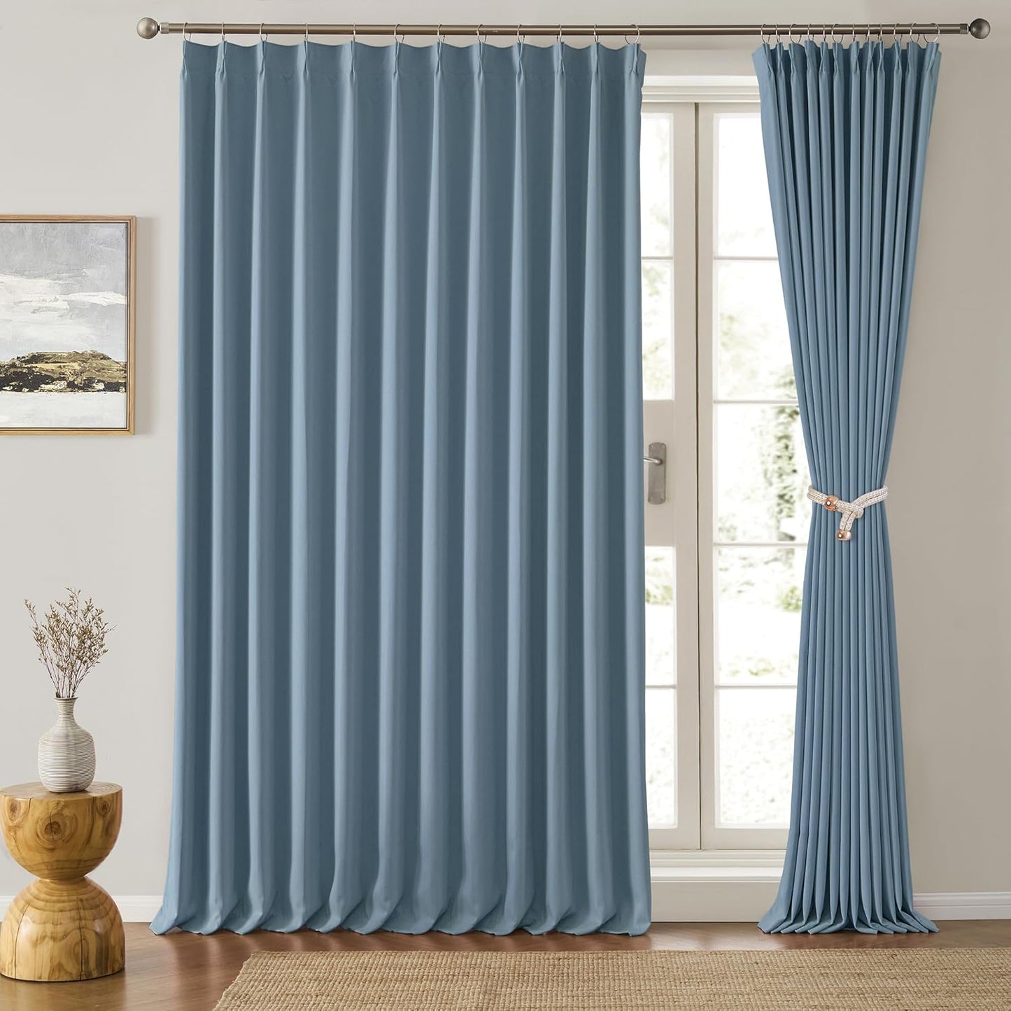 KEQIAOSUOCAI Dusty Blue Pleat Wide Width Drapes 80 x 96 inch Long 2 Panels - Thermal Insulated Room Divider Curtains for Bedroom/Living Room/Patio, Pinch Pleated Curtain Panel with Hooks