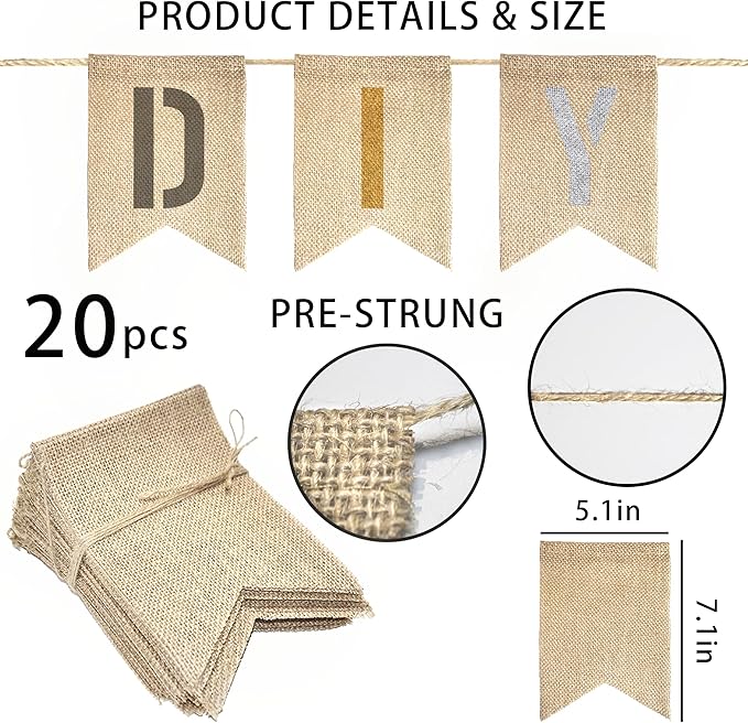 20 PCS Burlap Banner with 27 PCS Letters Stencil DIY Customizable Birthday Party Banners Decorations for Wedding, Camping