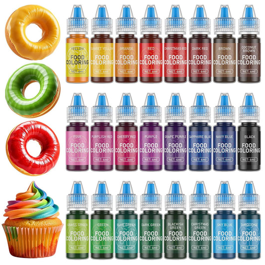 Food Coloring for Baking-24 Color Food Grade Vibrant Cake Coloring Liquid Set for Cake Decorating, Baking, Cookies, Easter Egg, Making DIY Supplies Kit- 0.25 Fl. oz (6 ml)/Bottles