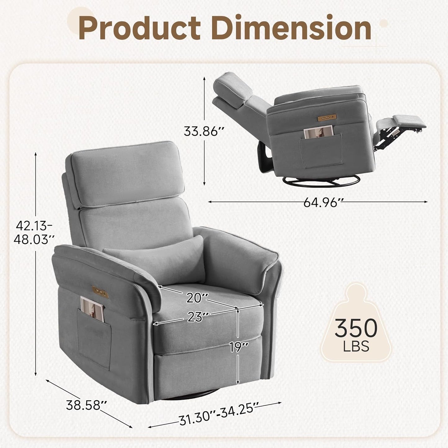 MELLCOM Power Recliner Rocking Chair Nursery Gliders with Adjustable Armrests and Headrest, Swivel Electric Glider Reclining Nursing Chair with USB Port and Storage Bags, FSC Certified