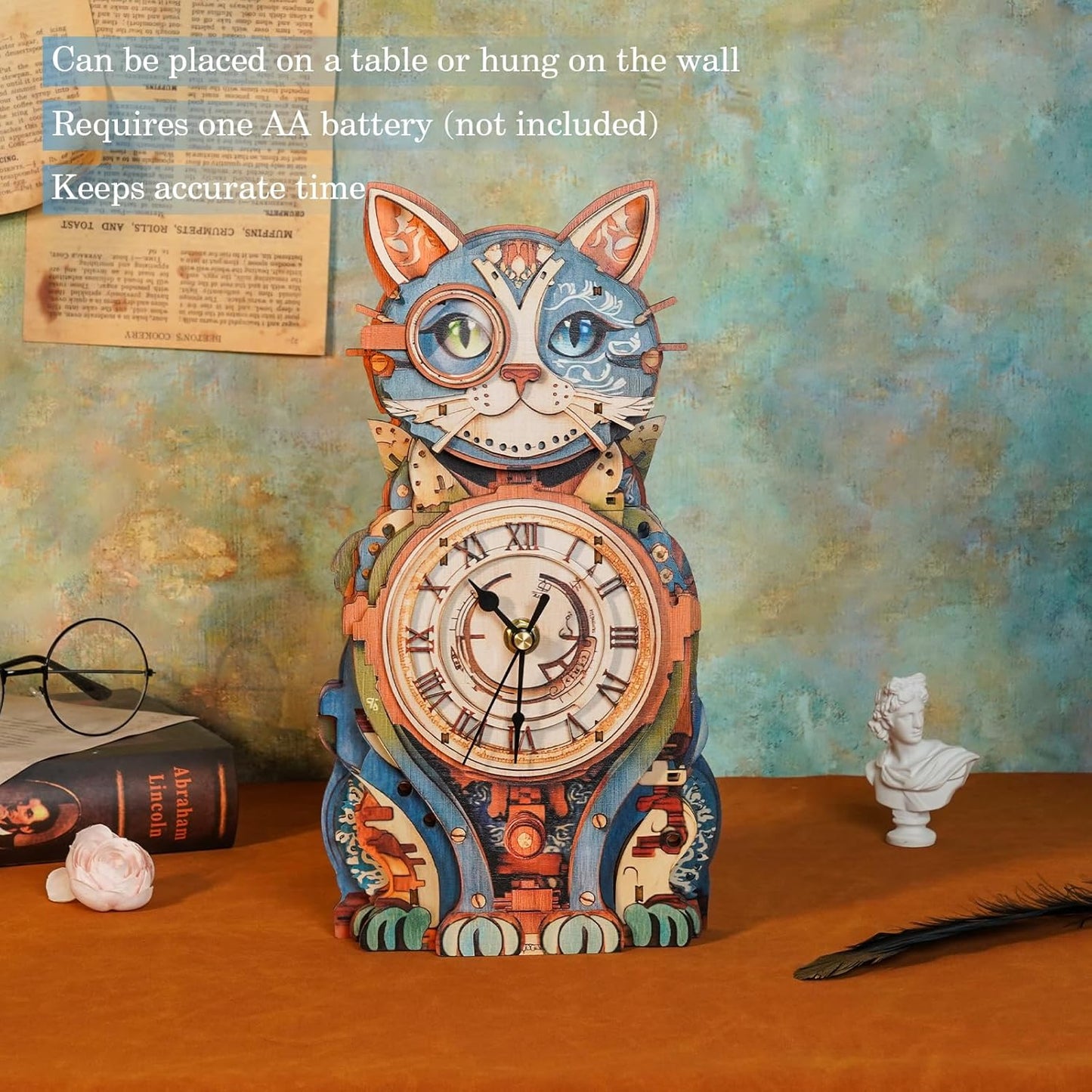 3D Puzzles for Adults Clock-Cat Detective Design Model Kit-Mechanical DIY Pendulum Clock with Roman Numerals-Desk Home Office Decor Personalized Gift for DIY Lovers