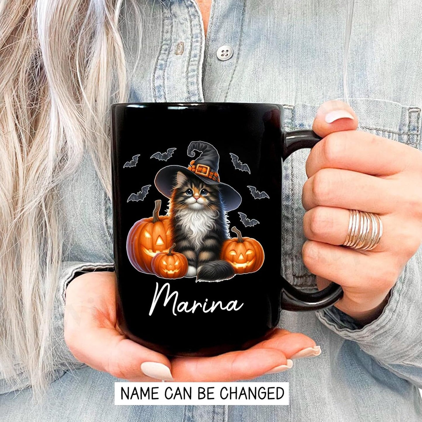 Personalized Name Norwegian Forest Halloween Coffee Mug, Custom Norwegian Forest Witch Hat Ceramic Cup, Cat with Pumpkins Mug 11oz 15oz, Halloween Cat Black Cup Gift for Boy Girl Pet Owner