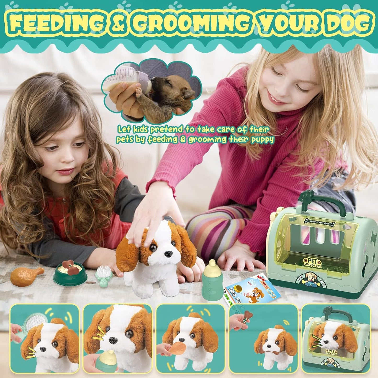 TEUVO Pet Care Play Set Robot Dog Toys for Kids, 12Pcs Kids Pretend Play Feeding Walk Bark Puppy Pet Toys with Interactive Electric Dog Plush & Cage, Xmas Gifts for Girls Toddlers 3 4 5 6 7 Years Old