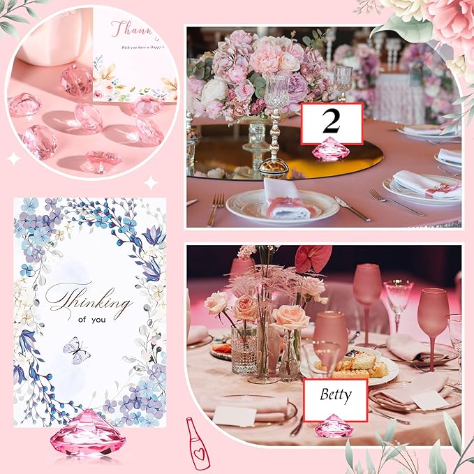 Boao 24 Pack Diamond Place Card Holders Acrylic Table Number Holder Card Stands Crystal Diamond Party Decorations Favor for Weddings Home Table(Pink)