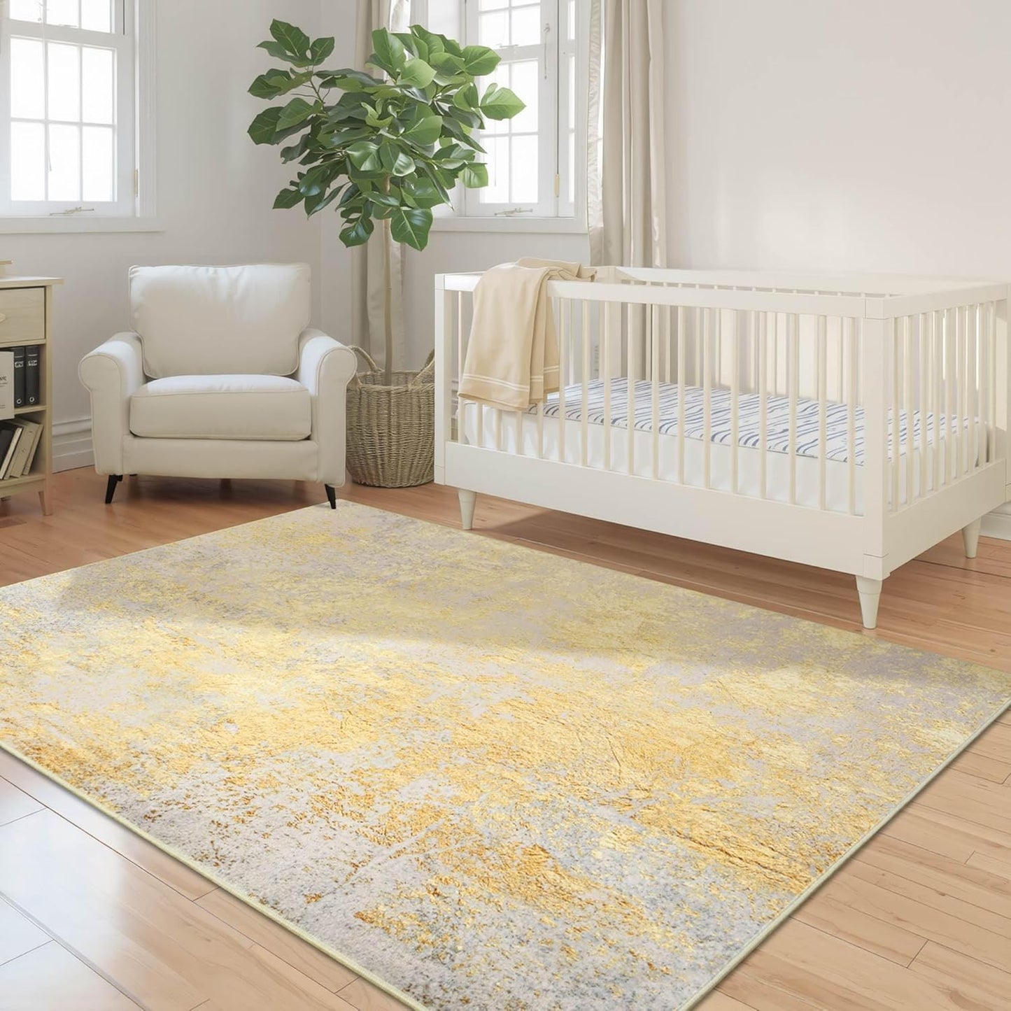 Nursery Rug for Baby Girl, 5x7 Gold Washable Rugs for Living Room Bedroom Dorm Non Slip, Stain Resistant Neutral Carpet Low Pile for Classroom, Dining Room, Kids Playroom