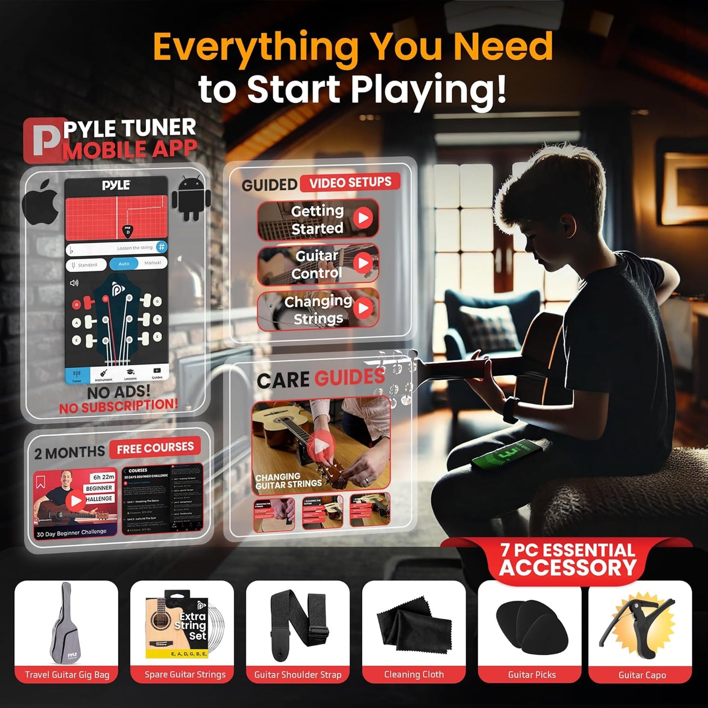 Pyle 41" Acoustic Guitar Standard Full Size 6 String Dreadnought, Matte Finish with Gig Bag, Steel Strings, Picks, Strap, Capo - PGA480NT.X9