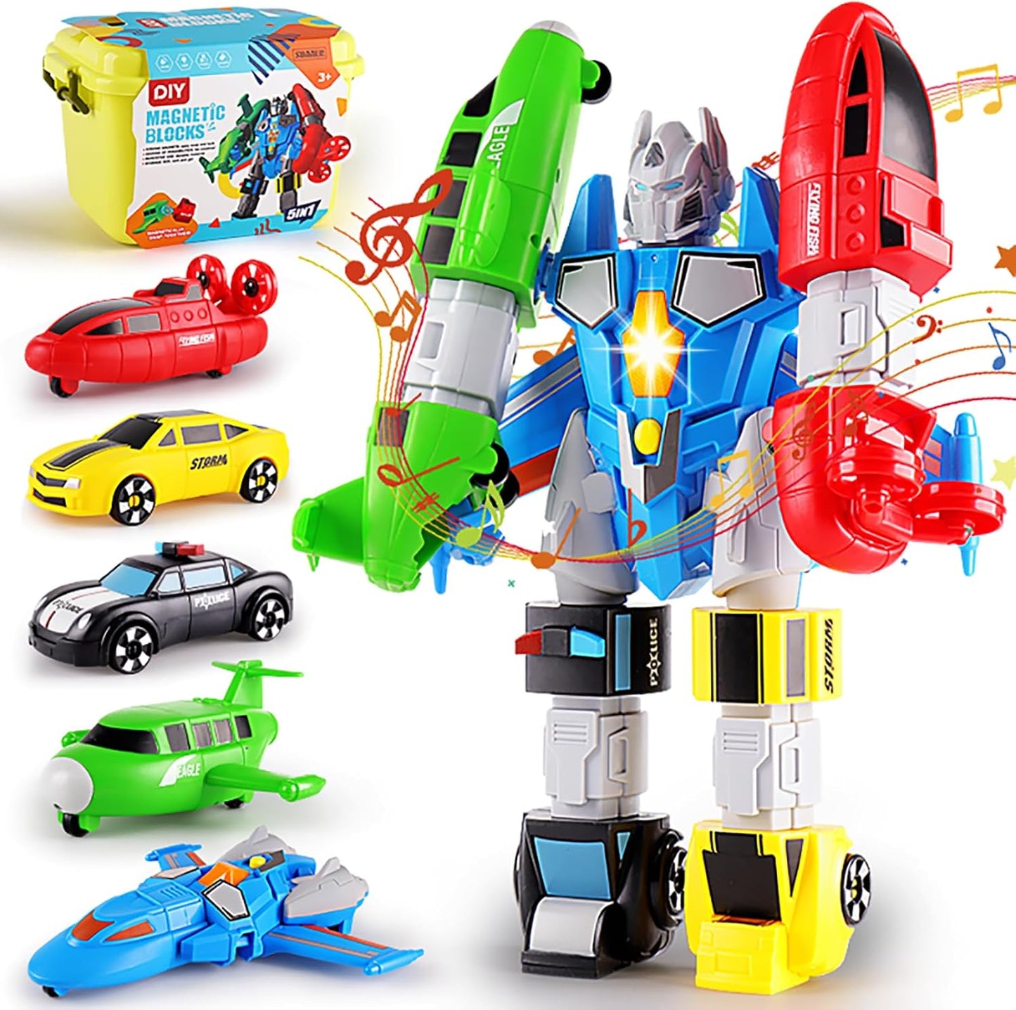 5-in-1 Magnetic Vehicles Playset Toy, Transform to Robot, Mix & Match Assembling Building Action Figures Kit with Storage Box, Holiday Birthday Present for Kids, Boys & Girls 3 4 5 6 7 Year