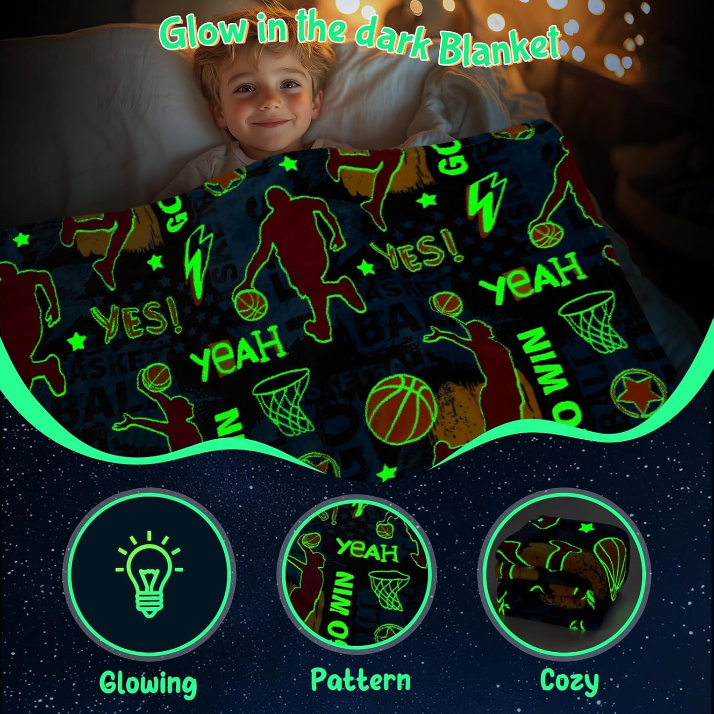 Glow in The Dark Basketball Blankets, Sport Throw Blanket Gifts Toys for Kids Boys, Soft Glowing Bed Blanket Room Decor Present for Girls Teenagers 2 3 4 5 6 7 8 9 10 Years Old, 60"x50"