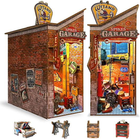 Garage Book Nook Kit - 3D Wooden Puzzle Miniature Book Nook Kits for Adults Teen, DIY Dollhouse Bookshelf Insert Decor with Sensor LED Light, Gift for Family, Friends