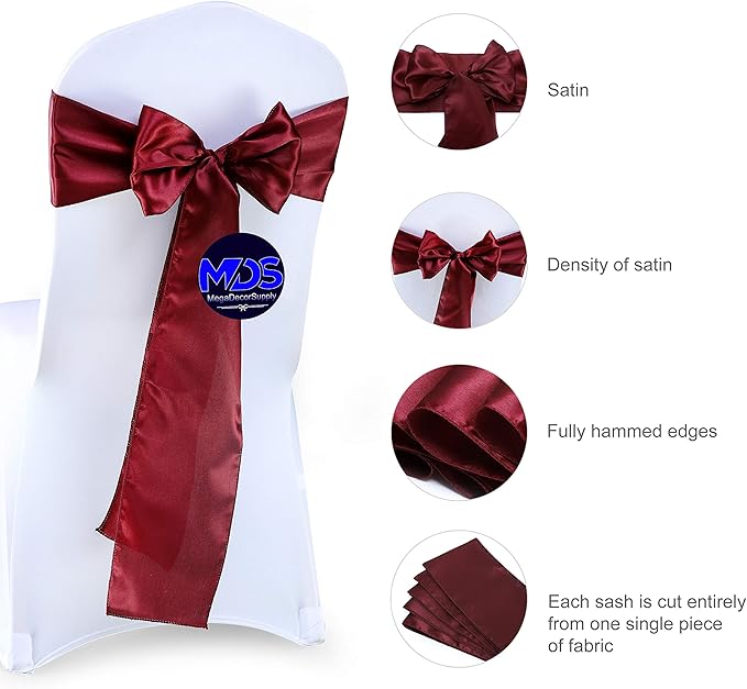 MDS Pack of 50 PCS Satin Chair Sashes Charmeuse Sateen Dining Chair Bows Ribbon Ties Back Sash for Wedding Party Birthday Home Hotel Restaurant Banquet Decoration (7 x 108 Inch, Maroon)