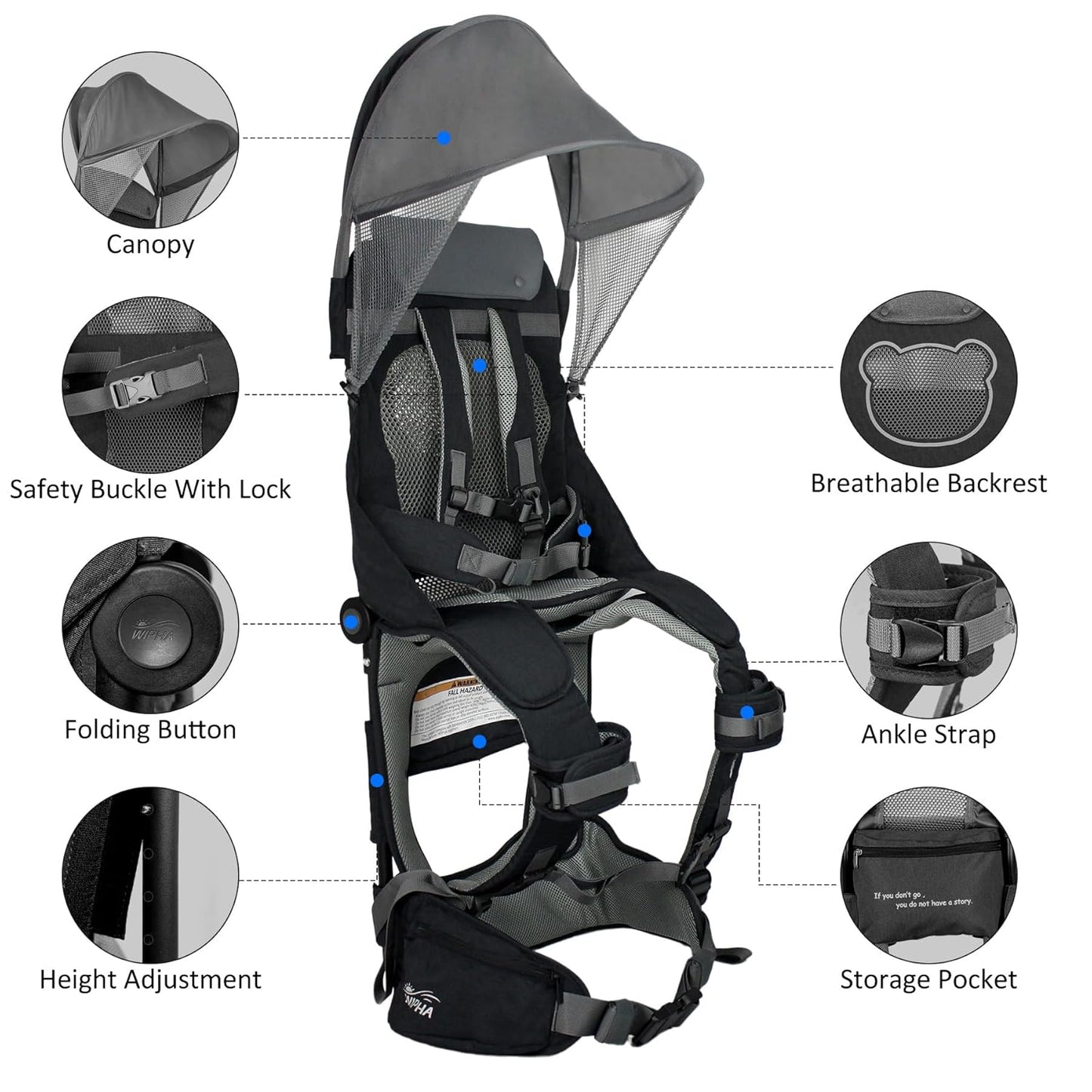 WIPHA Hiking Backpack Carrier, Lightweight Toddler Shoulder Carrier with Sun Shade, Saddle Toddler Backpack for Kids 6 Months to 4 Years Old