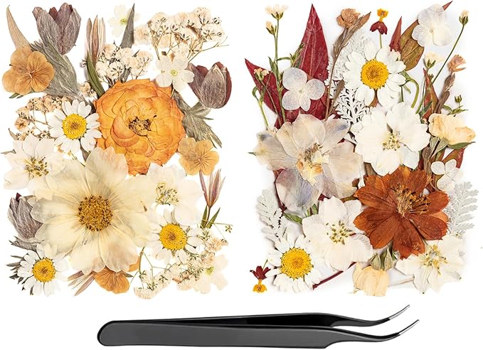 50pcs Boho Pressed Flowers Bulk, Vintage Dried Flower Leaves, Natural Fall Pressed Dried Flowers with Tweezer for DIY Crafts Resin Mold Candles Cake Bridal Scrapbooking Supplies