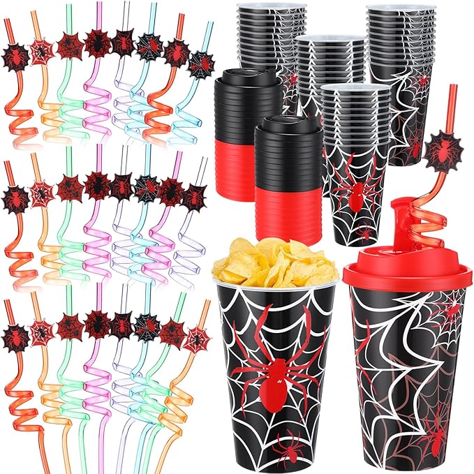 Yungyan 24 Sets Spider Party Favors Goodie Cups with Lids and Straws for Halloween Party Decorations Reusable 16oz Plastic Candy Cups Plastic Straws for Birthday Gift (Spider)