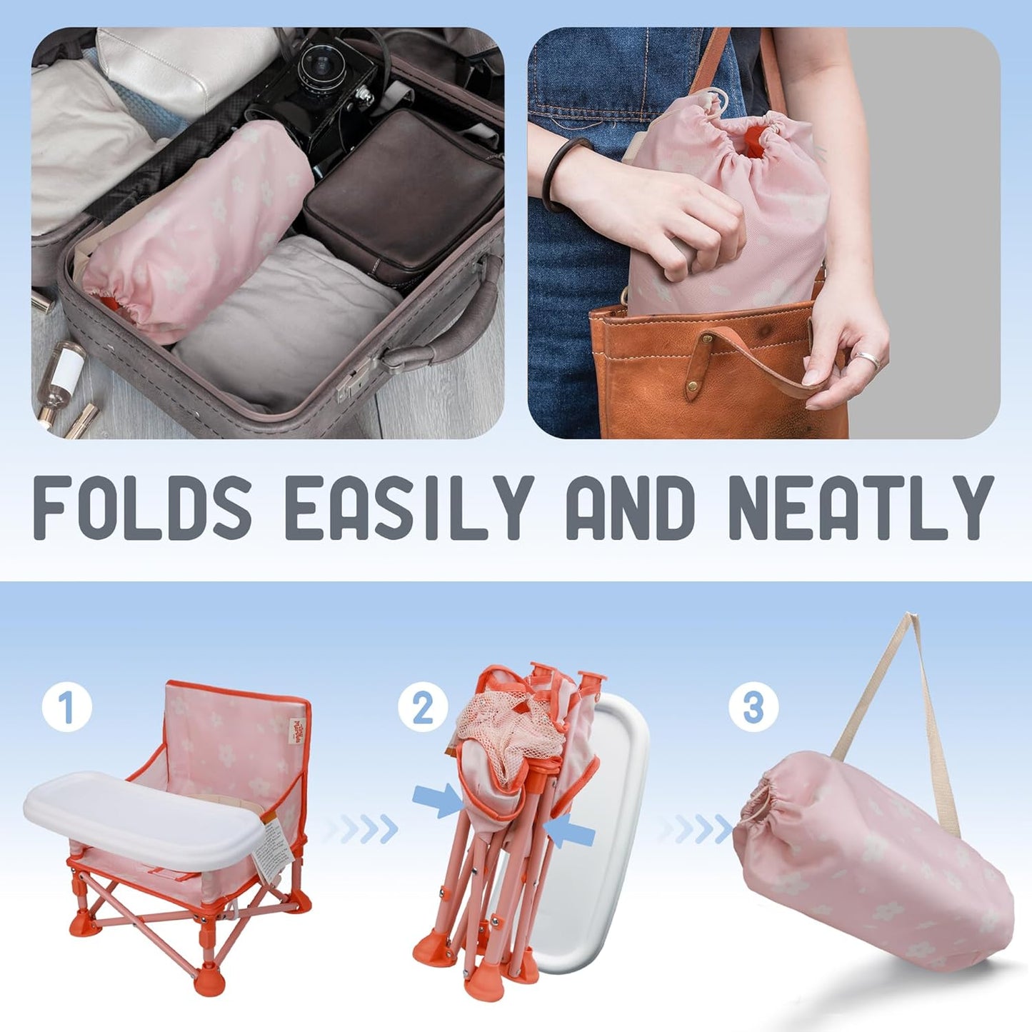 Tiny Marvels Portable 3-in-1 Baby Booster Seat, Cozy Floor Seat, Feeding Seat with Tray, Compact Foldable Toddler Booster with Child Safety Belt Carry Bag, Perfect for Travel (Blush Petals)