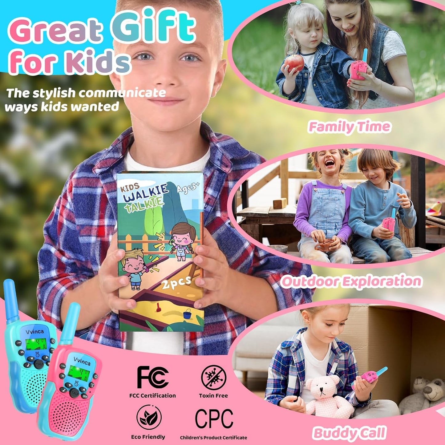 Vvinca Rechargeable Walkie Talkies for Kids, Long Range 22 Channels 2 Way Kids Walkie Talkie with Flashlight for Camping Hiking Indoor Outdoor Toy 3 4 5 6-12 Boy Girl Christmas Birthday Gifts 2 Packs