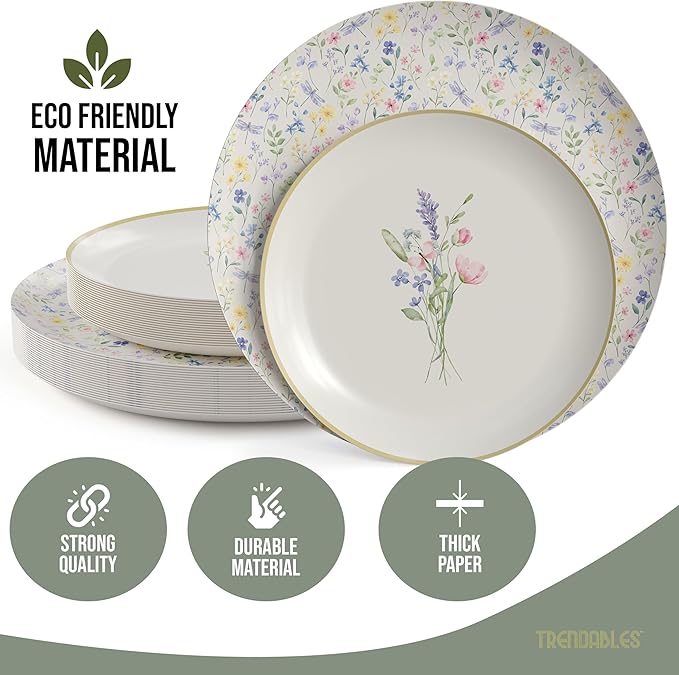 Trendables Heavy Duty Paper Plates Set For 32 Guests - 32 Each Of 8-inch And 10-inch Disposable Plates For Party - Fancy 64 Piece Dinnerware Set For All Occasions | Floral Design, Charm