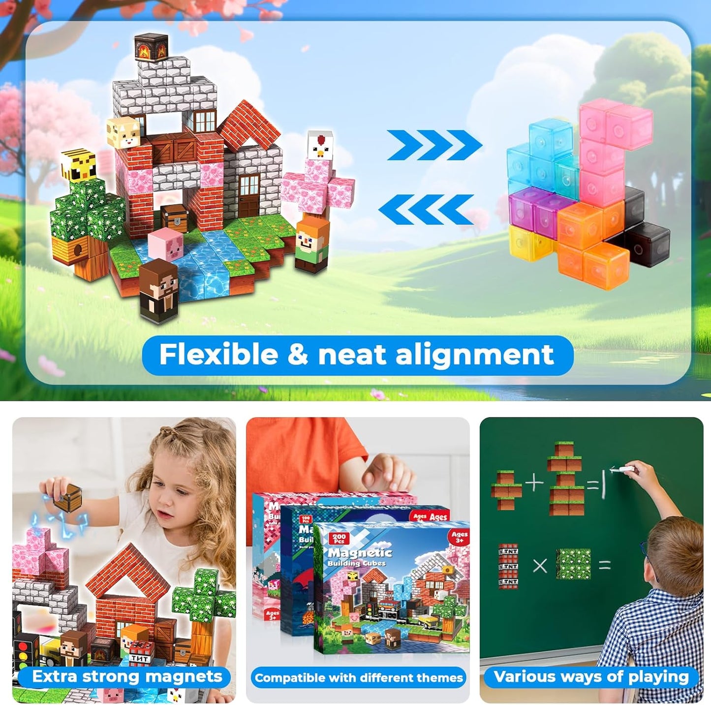 200 PCS 0.8in Magnetic Blocks - Magnet Toys & Magnetic Building Blocks Cubes, Stacking Magnets, STEM Toys for School Acitivities, Birthday Gifts for Boys Age 3+ Years Old (Theme: Forests)