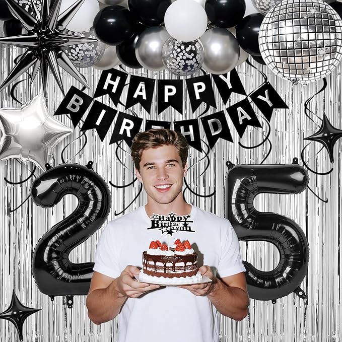 25th Birthday Decorations for Men Women, Black Silver Happy Birthday Party Decorations， 25 Year Old Party Supplies with Number 25 Balloons, Banner, Fringe Curtains Kit
