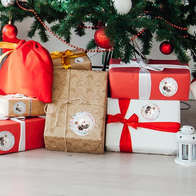 callie Personalized Christmas Stickers with Photo Name, Custom Waterproof Glitter Xmas Labels for Crafts Cards Envelope Seal Party Decorations, 24pcs