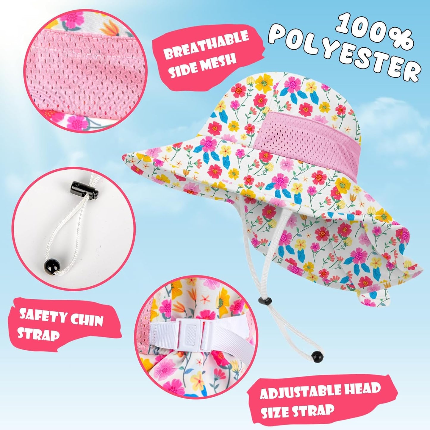 Toddler Baby Sun Hat Kids Summer UPF 50+ for Boys Girls Adjustable Beach Hats with Bucket Wide Brim Age 1-7 Years