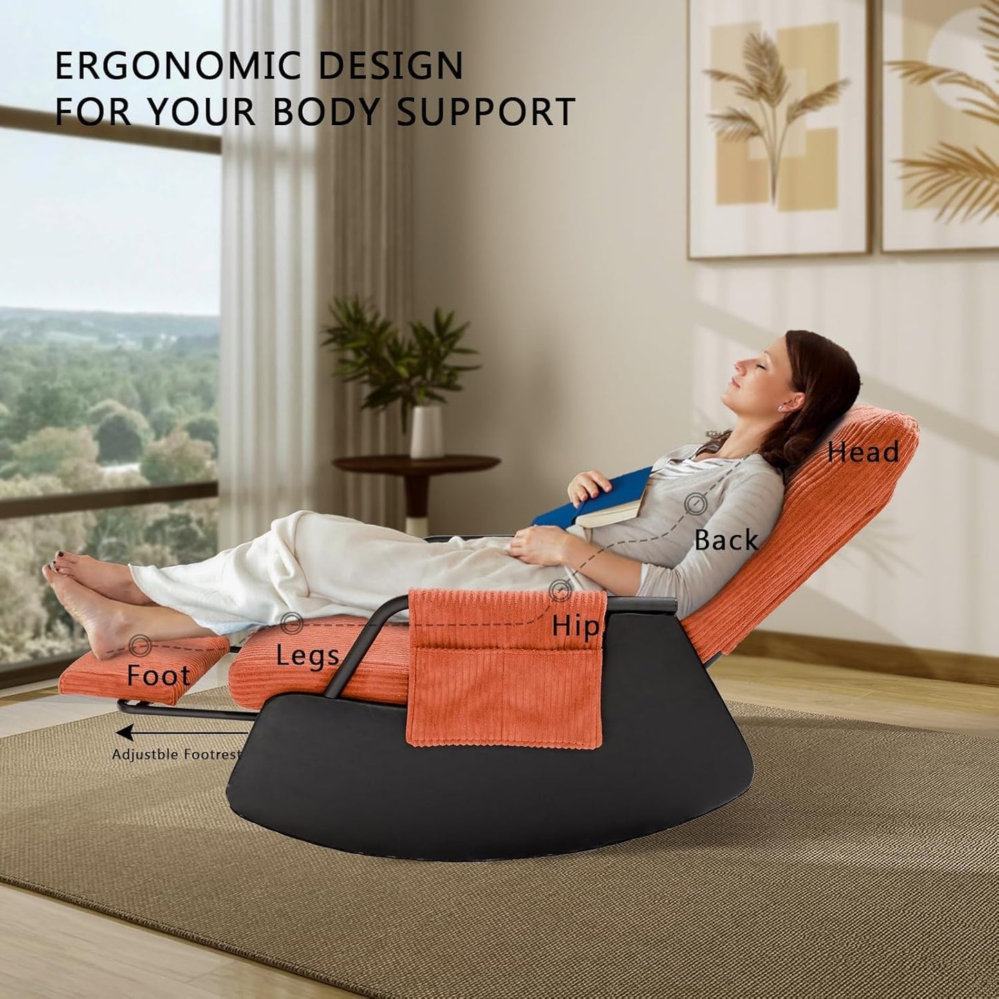 Rocking Chair for Nursery, Modern Upholstered Plush Seating Glider Recliner Chair with High Backrest and Side Pocket, Accent Armchair with Cushions for Living Room/Reading (Burnt Orange)