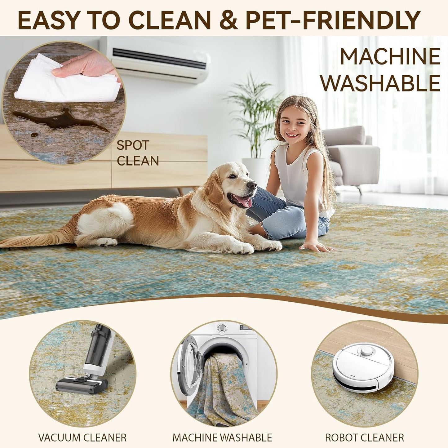 Washable Area Rugs 5'x7' Non-Slip Modern Abstract Soft for Living Room Entryway Bedroom Nursery, Print Pattern, Teal Blue Taupe