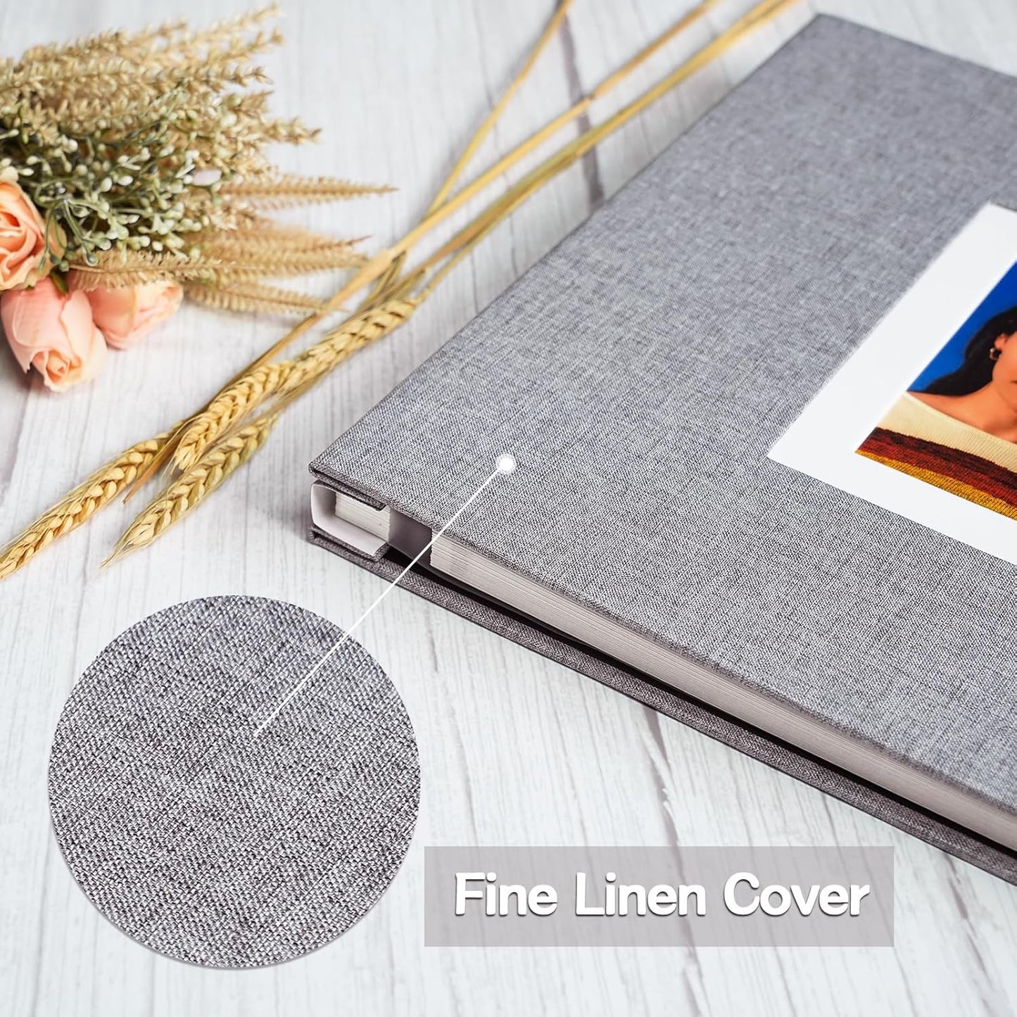Vienrose Photo Album Self Adhesive for 2x3 4x6 5x7 8x10 Pictures DIY Scrapbook 60 Blank Pages Linen Cover Memory Book for Wedding, Baby Growth, Travel, Grey