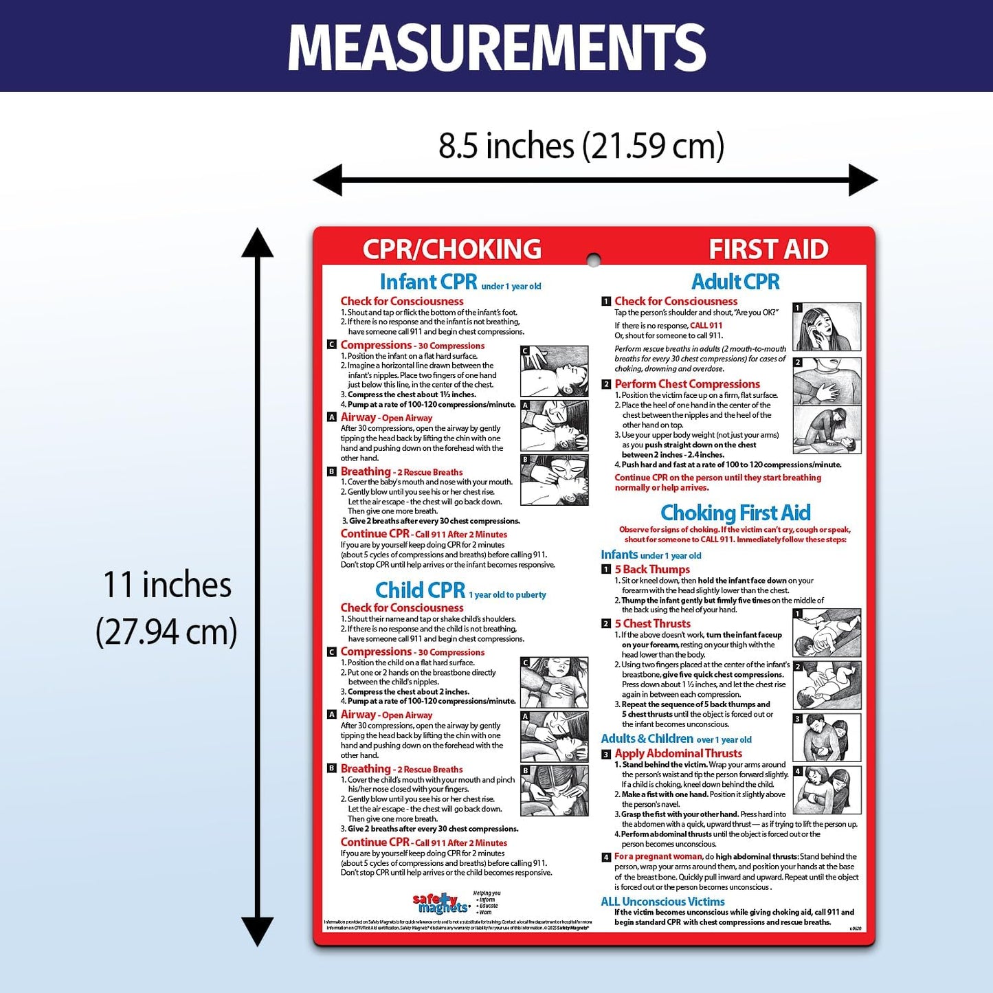 Safety Magnets by ZOCO – CPR & Choking Fridge Magnet (5-Pack) – First Aid Instructions for Infants, Children, & Adults – Heimlich Maneuver Laminated Card 8.5" x 11"