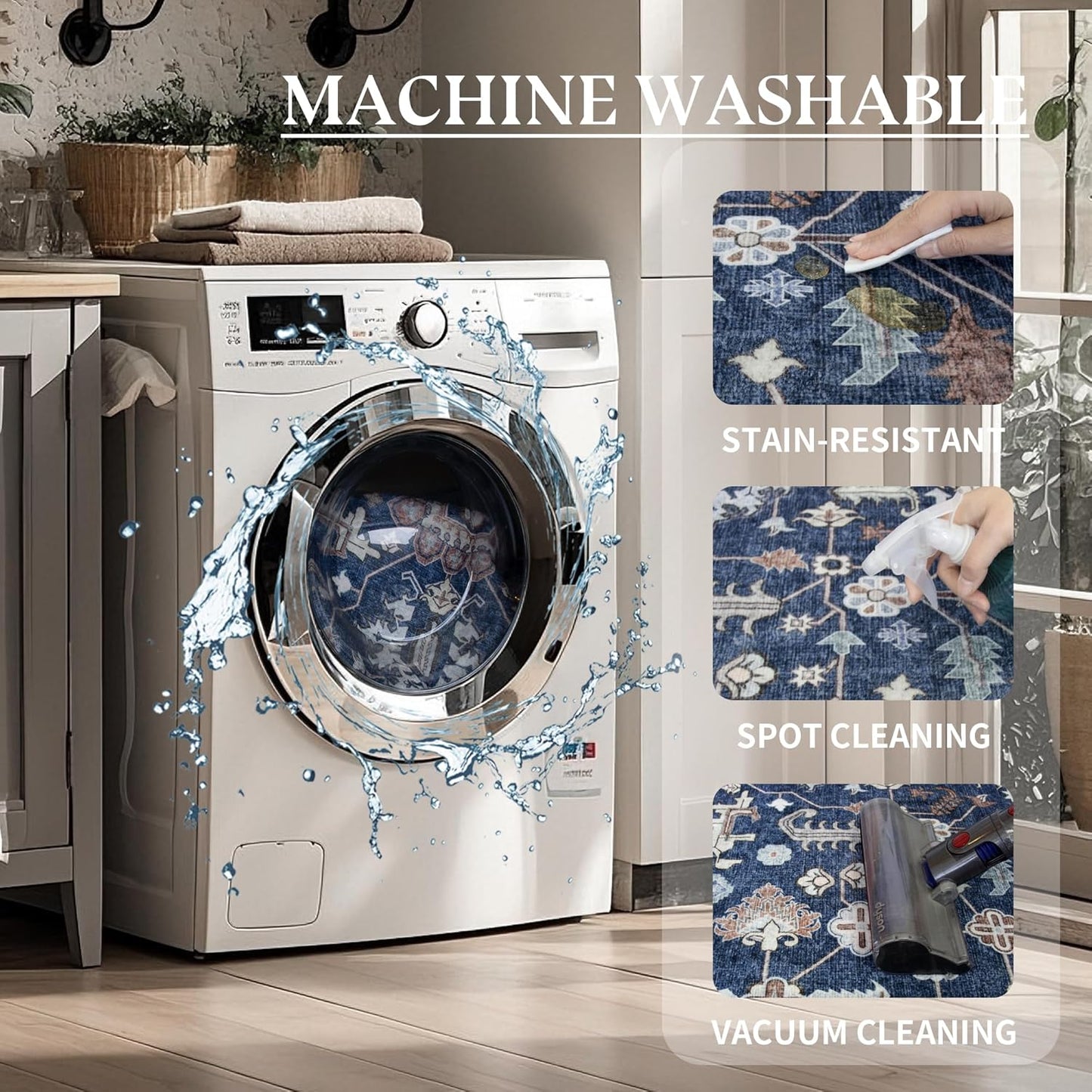 5x8 Area Rug Washable: Oriental Soft Area Rug for Living Room Bedroom No Shedding - Low Pile Thin Carpet Rug for Dining Room Non Slip - Boho Vintage Rug for Home Decor - Navy Blue