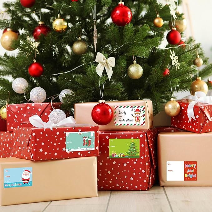 500 PCS Christmas Gift Tags, Self Adhesive Santa Claus Stickers, Festive Holiday Name Labels for Wrapping Paper Presents Decor, 8 Designs