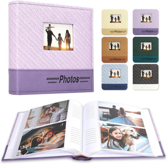 RECUTMS Leather Photo Album - 4x6, 200 Picture, Purple with Front Window and Memo Space for Wedding, Family, Travel, Baby, Graduation