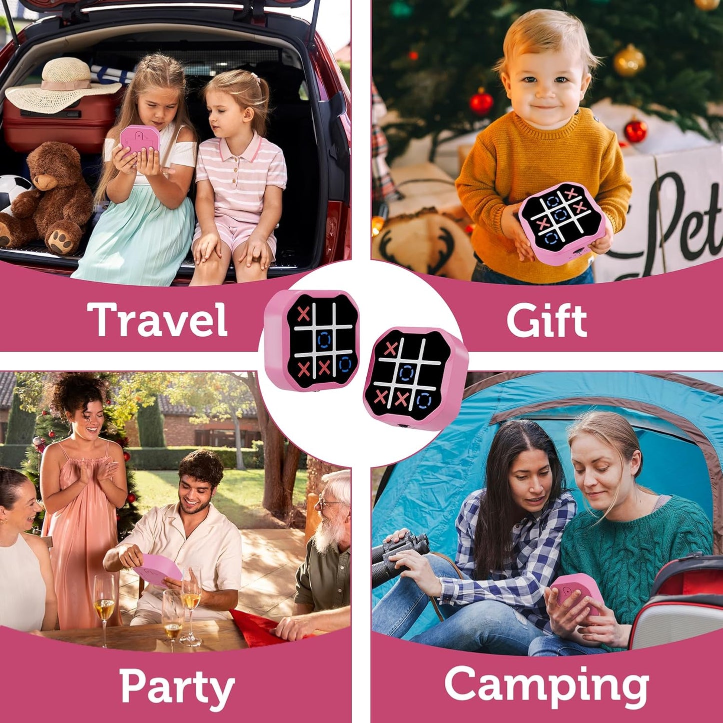 3 in 1 Electronic Tic Tac Toe Game, Handheld Digital Tic Tac Toe Bolt Game with Silent Mode, Portable Learing Toys Gift for Kids & Adults, Pink