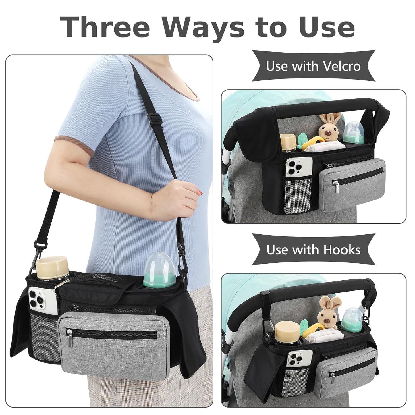 Accmor Universal Stroller Organizer with Insulated Cup Holder Detachable Phone Bag and Shoulder Strap,Stroller Bag Caddy Organizer Fits for Uppababy, Baby Jogger, Britax Strollers