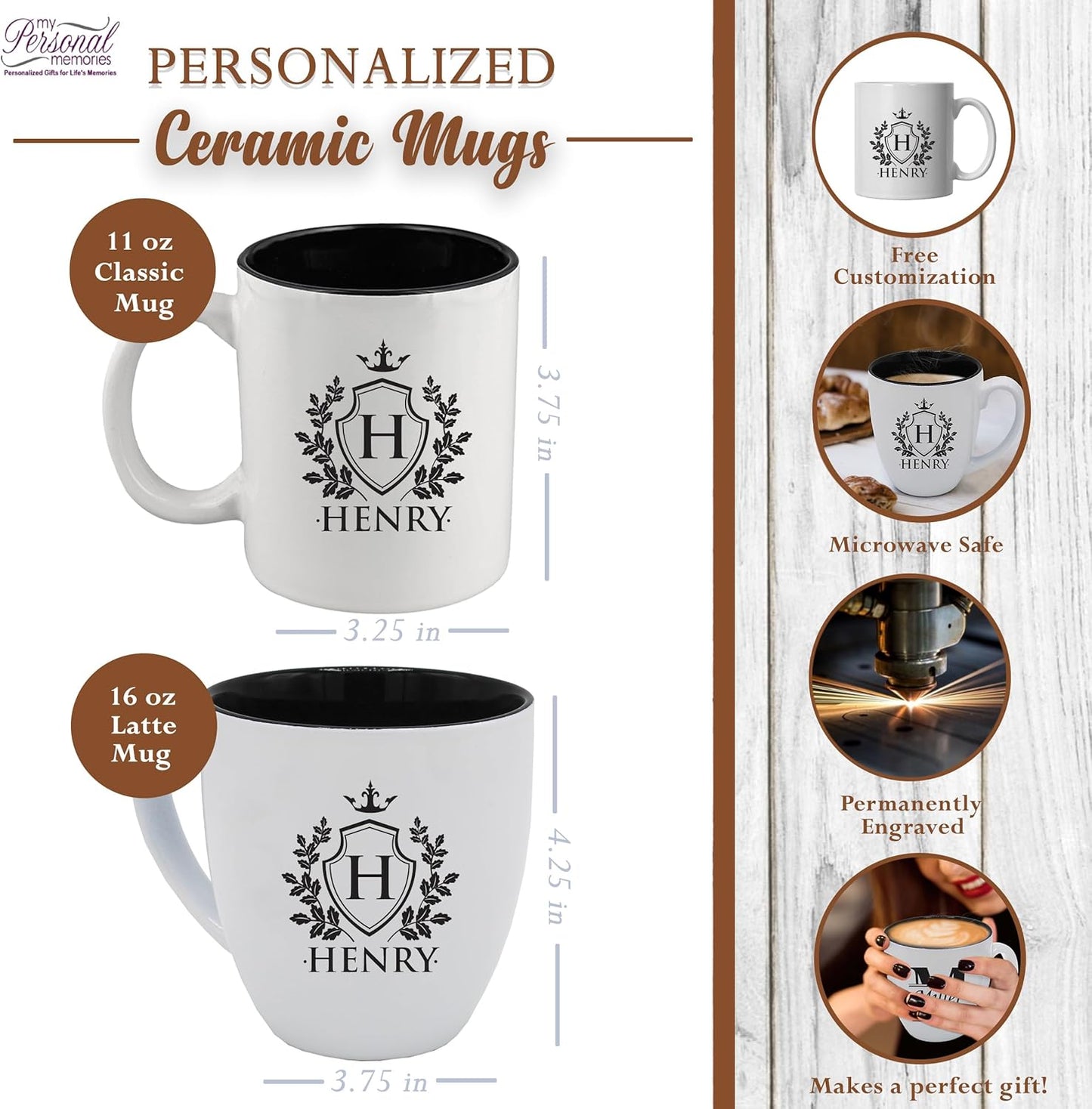 My Personal Memories Custom Monogrammed Coffee Latte Mug and Tea Cup - Personalized and Engraved (White)