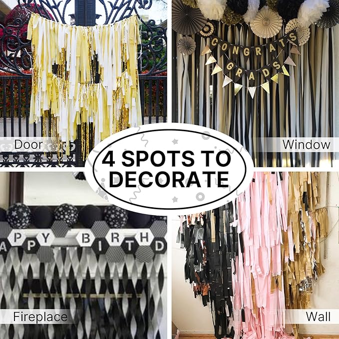 PartyWoo Black Gold Silver Crepe Paper Streamers 4 Rolls 328 ft Pack of Black Metallic Silver Gold Crepe Paper for Graduation New Year Birthday Party Decorations (1.8 Inch x 82 Ft/Roll)