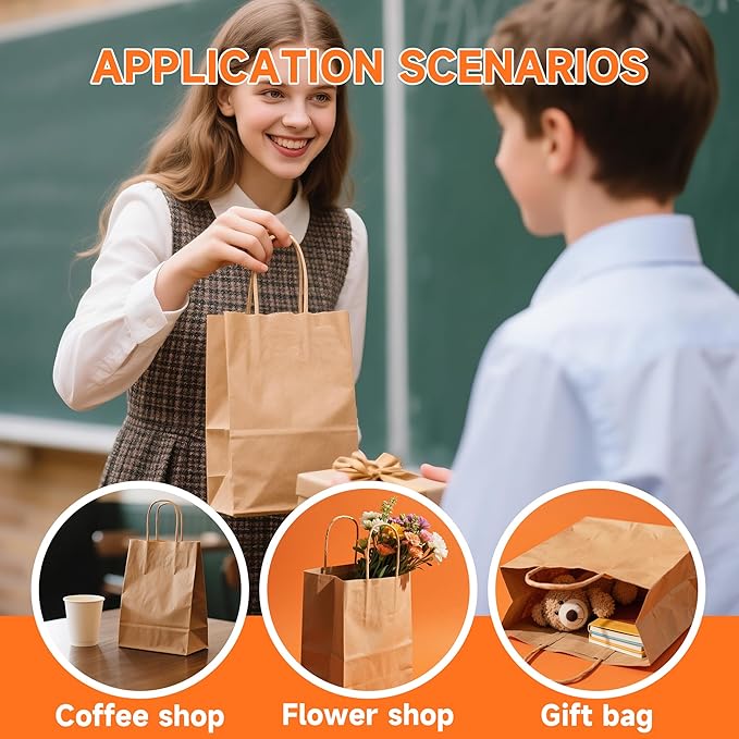 METAPRINT Brown Paper Gift Bags with Handles in Bulk,100 Pack 5.8x3.2x8.25 Inch Small Kraft Paper Bags for Birthday, Party Favors, Grocery, Retail, Shopping, Business