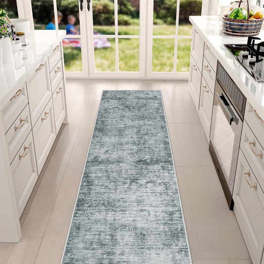Runner Rug 2'6''x8' Washable: Modern Abstract Kitchen Rug With Non-Slip Backing, Thin Long Carpet for Hallway, Bedroom, Laundry Room-Black