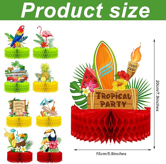 Waydress 9 Pcs Hawaiian Luau Party Decorations Margaritaville Tropical Centerpieces for Tables 6.9 x 8.5 Inches Hawaiian Honeycomb Centerpieces for Luau Summer Themed Tiki Party Supplies