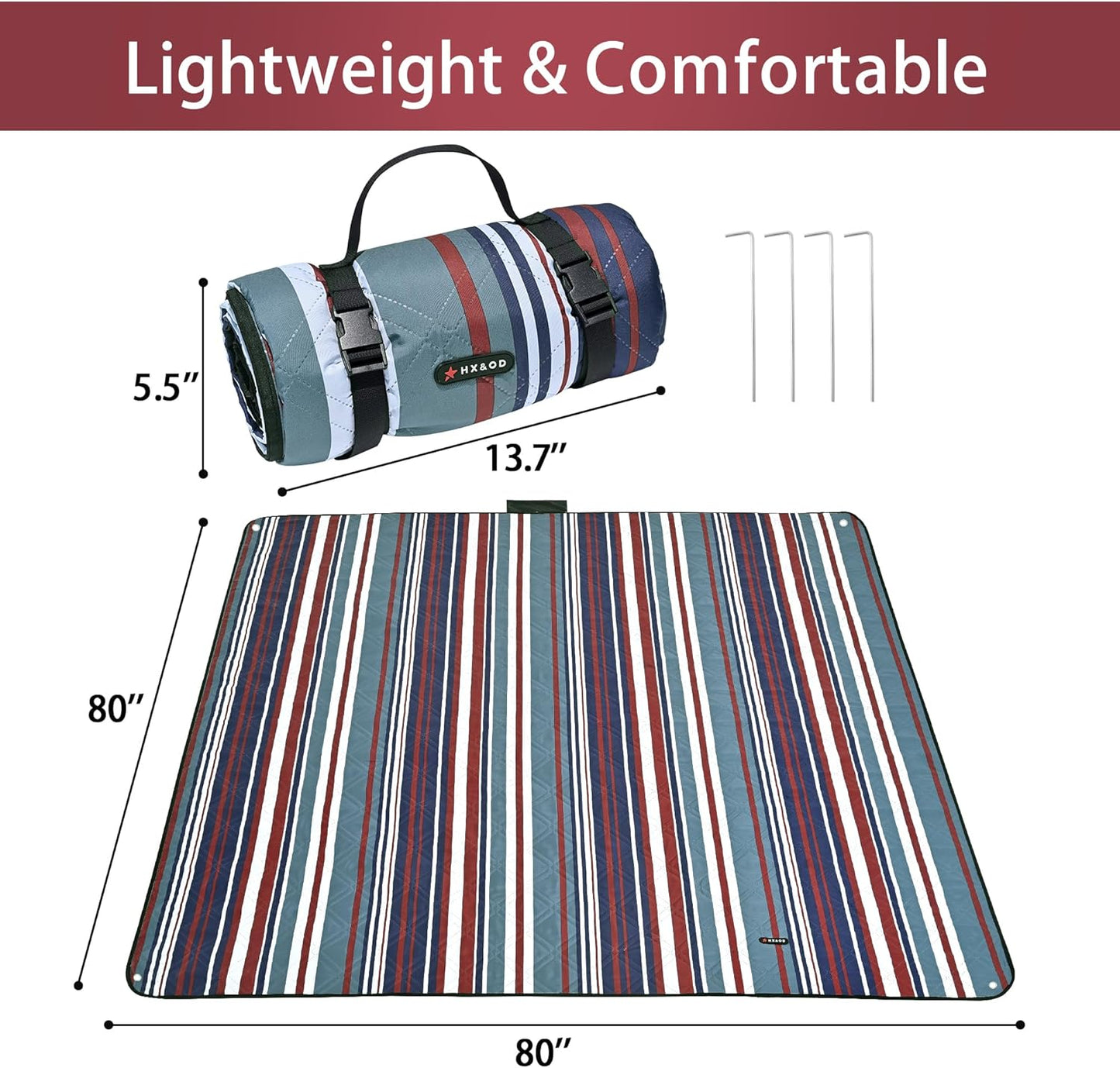 HX&OD Outdoor Picnic Blanket Extra Large, 80''*80'' Waterproof Picnic Mat with Stakes Foldable Camping Blanket Portable with Carry Strap for Beach Mat (Red, 80''*80'')