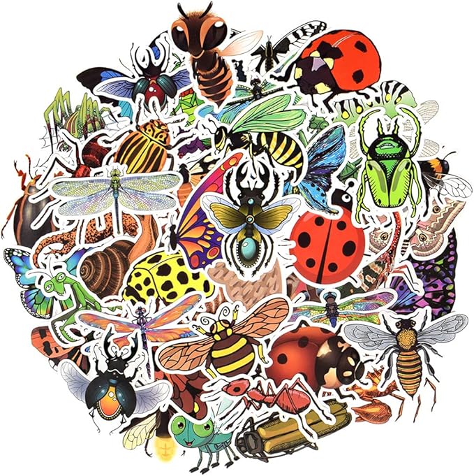 QTL Bug Stickers for Kids Insect Stickers for Water Bottle Bug Party Favors Gifts for Boys Girls Waterproof Vinyl Pack 50Pcs