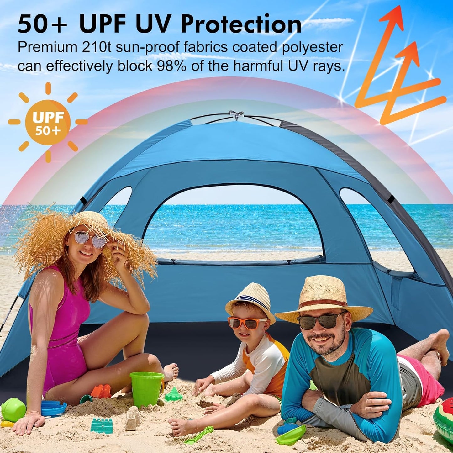 WhiteFang Beach Tent Anti-UV Portable Sun Shade Shelter for 3/4/6/8 Person, Extendable Floor with 3 Ventilating Mesh Windows Plus Carrying Bag, Stakes and Guy Lines