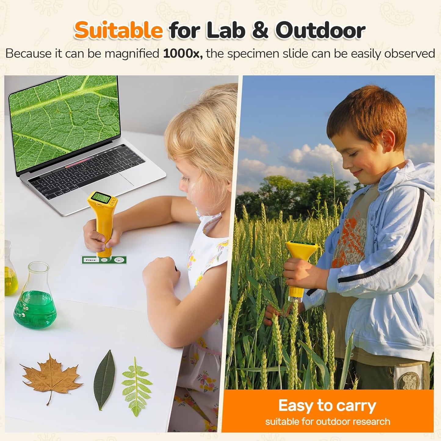 NOCOEX 1000X Handheld Kids Microscope for Edu Gift - 8 LED Light Portable Microscope for Kids, Photo & Video Mini Digital Micro Scope, Type C Charging 2'' Screen Windows & Mac OS for Age 3-12 Student