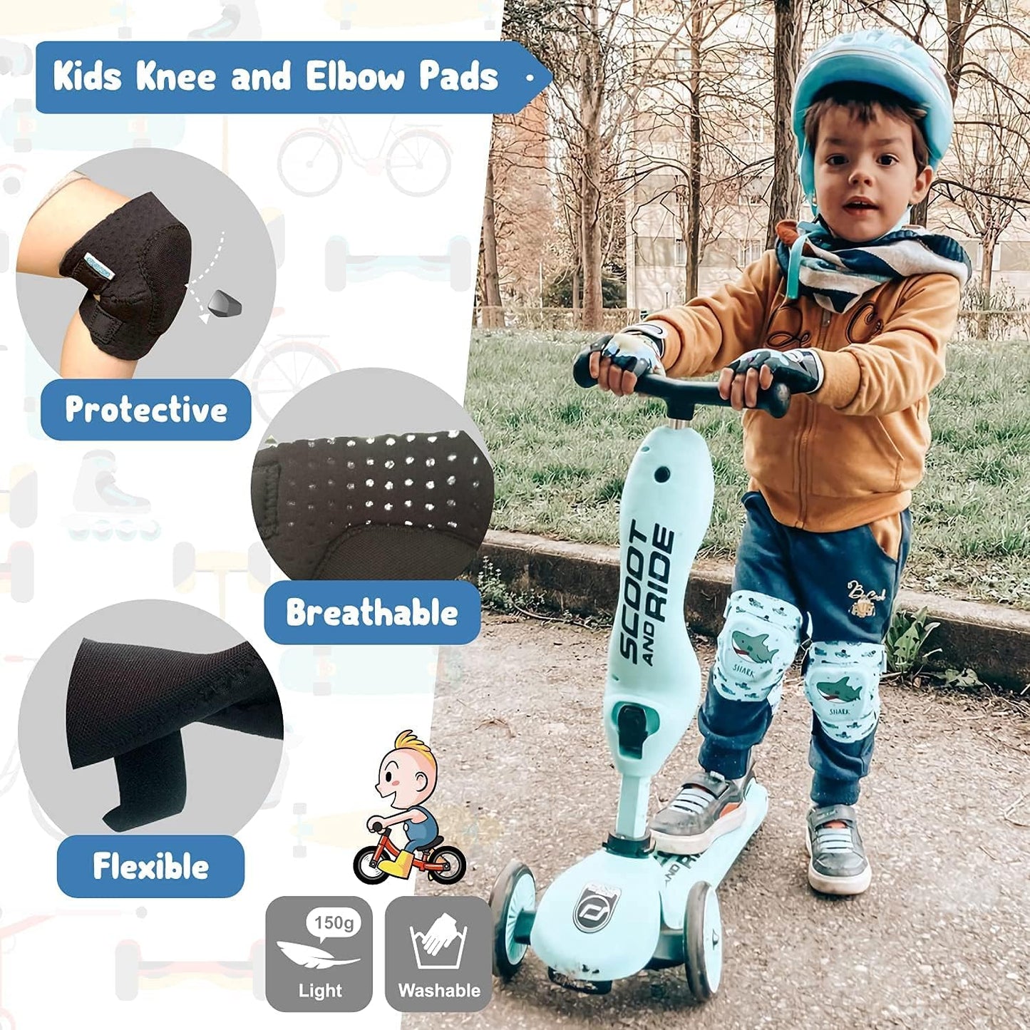 Soft-Style Kids Knee and Elbow Pads with Bike Gloves, Flexible Impact-Resistant Gear for Ages 2-11, Designed for Balance Bikes, Roller-Skating, and Skateboarding