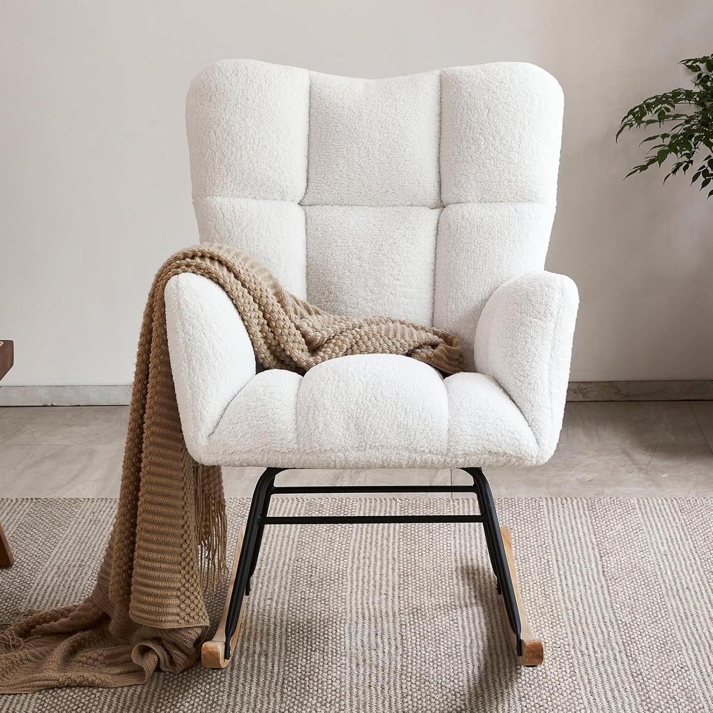 Nursery Rocking Chairs, High Back Teddy Glider Rocking Chair, Upholstered Rocker Recliner Modern Rocking Accent Chairs Comfy Armchairs for Nursery, Bedroom, Living Room (Ivory)