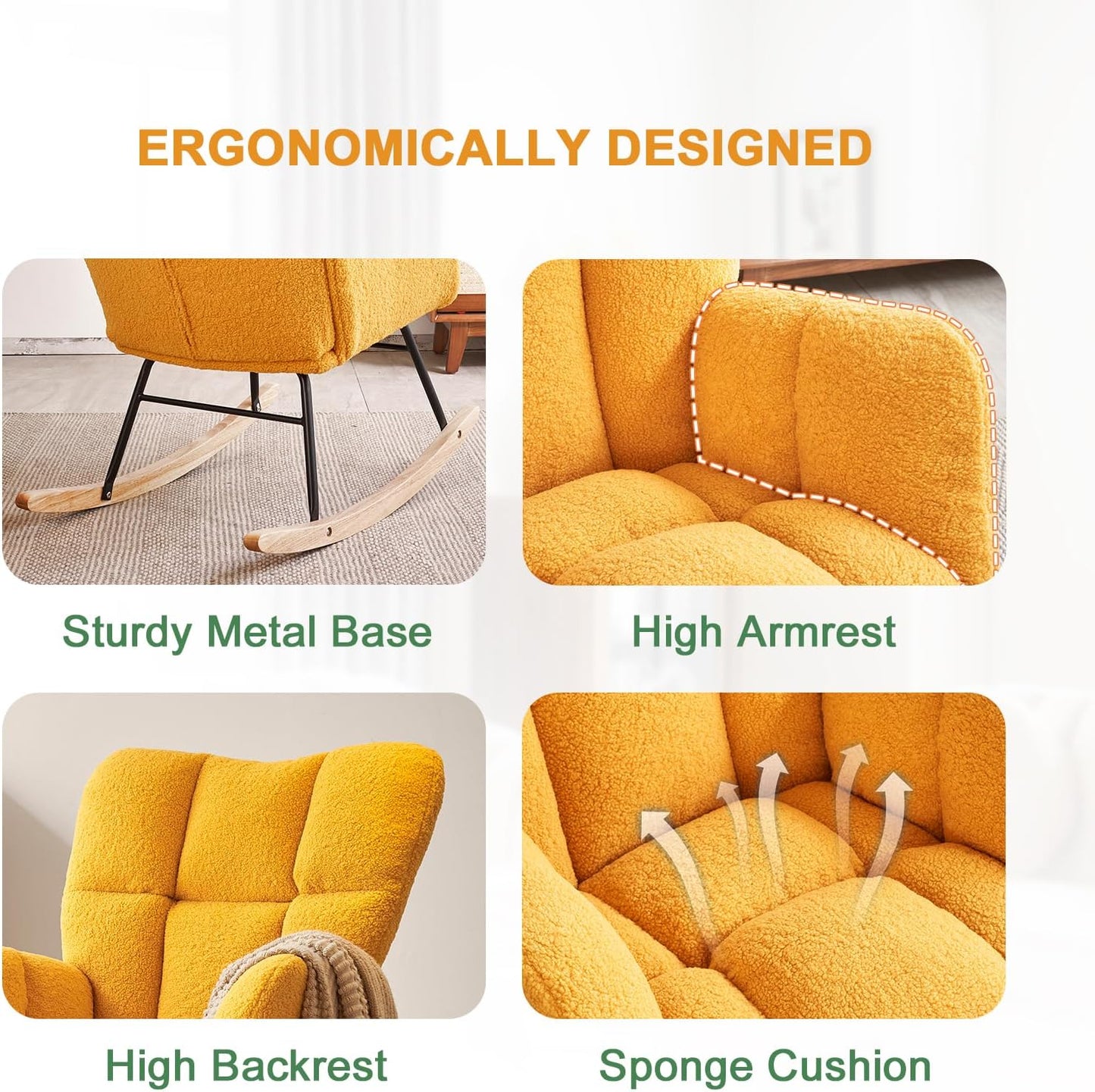 Nursery Rocking Chair, Teddy Fabric Upholstered Glider Rocker with High Backrest, Modern Rocking Accent Chairs Comfy Side Chair for Nursery, Bedroom, Living Room (Yellow)