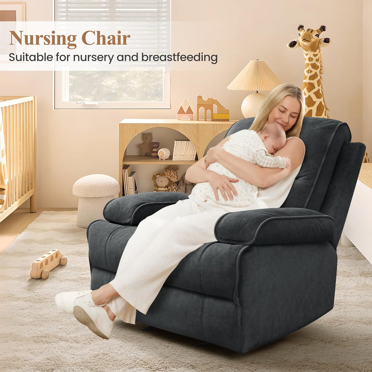 Nursery Rocking Chairs,Velvet Rocker Recliner Nursing Chair,Oversized Nursery Recliner Glider Chair with Extra Wide Footrest for Breastfeeding,Dark Grey