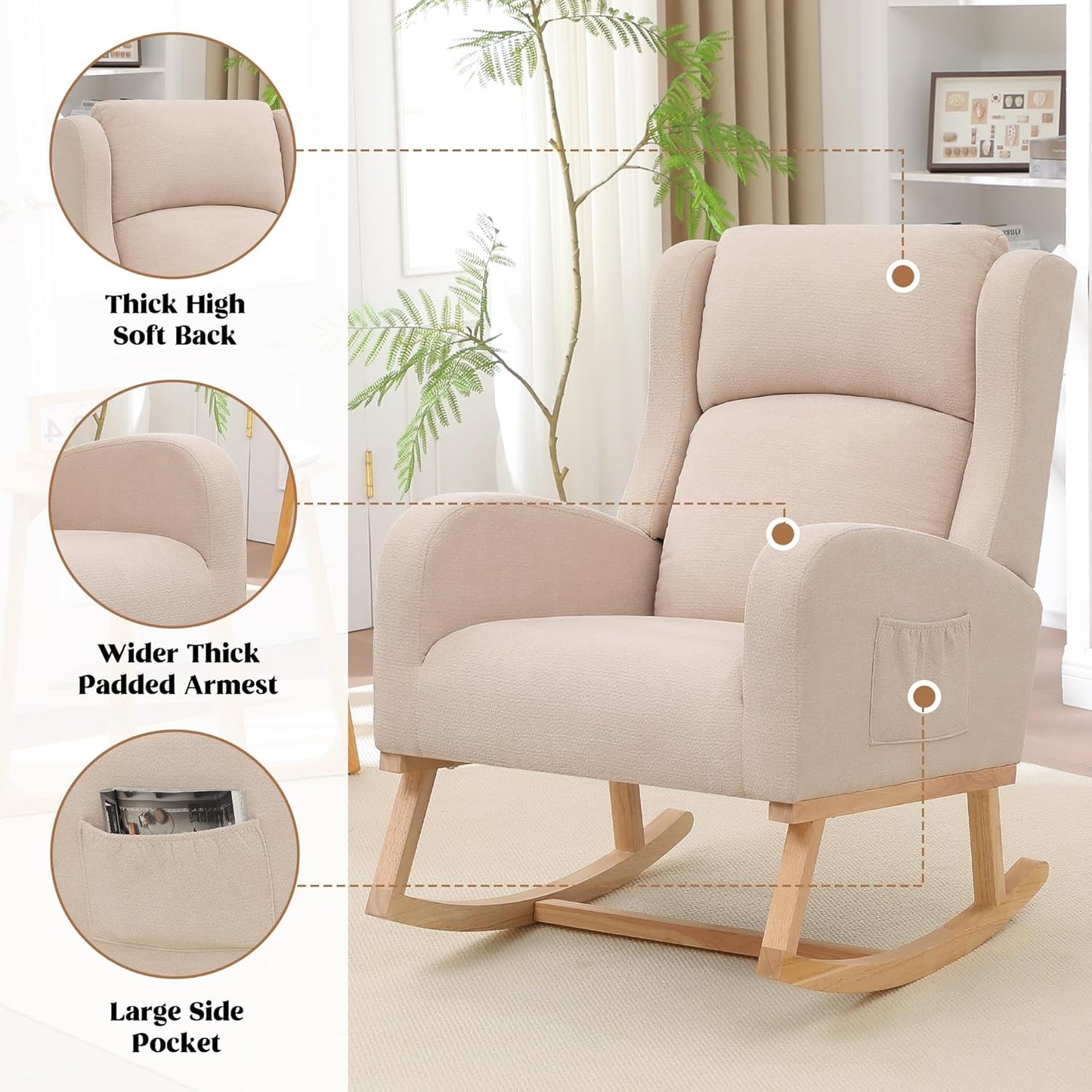 Rocking Chair Nursery, Nursing Rocking Chairs for Mom Nursery, Comfy Wingback Glider Rocking Armchair with Side Pocket for Nursery Living Room Bedroom, Khak