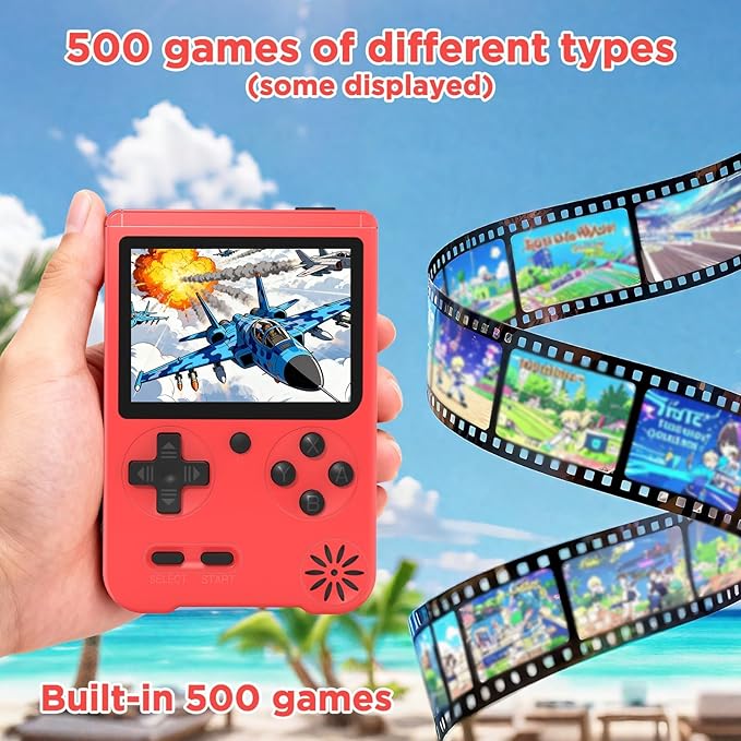 Retro Handheld Game Console, 3-inch Portable Game Console with 500 Built-in Classic Games, 1200mAh Rechargeable Battery,Plug & Play Video Games, Suitable for Adults - Red